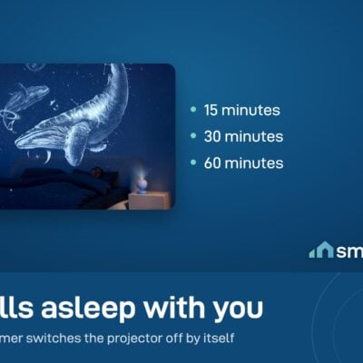 POCOCO Galaxy Star Projector on a bedside table over a sleeping person, with a 15, 30 or 60 minute timer