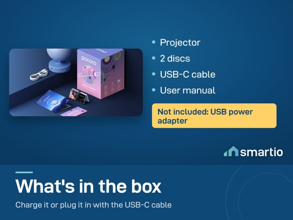 What's in the POCOCO Galaxy Star Projector box: projector, 2 discs, USB-C cable and user manual. No power adapter
