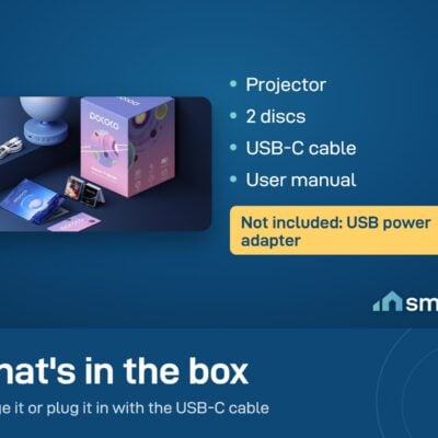 What's in the POCOCO Galaxy Star Projector box: projector, 2 discs, USB-C cable and user manual. No power adapter