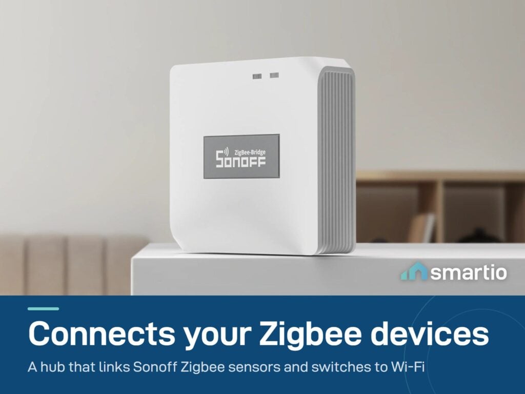 Sonoff Zigbee Bridge Pro hub on a shelf; it links Sonoff Zigbee devices to your Wi-Fi