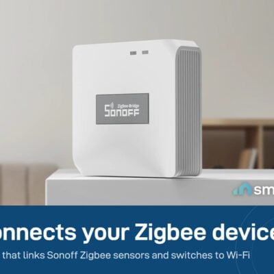 Sonoff Zigbee Bridge Pro hub on a shelf; it links Sonoff Zigbee devices to your Wi-Fi