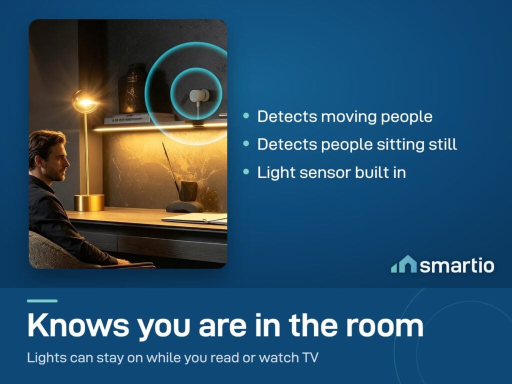 Sonoff SNZB-06P radar presence sensor on a wall above a desk, detecting a man who is sitting still. Needs a Zigbee hub