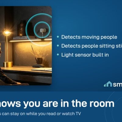 Sonoff SNZB-06P radar presence sensor on a wall above a desk, detecting a man who is sitting still. Needs a Zigbee hub