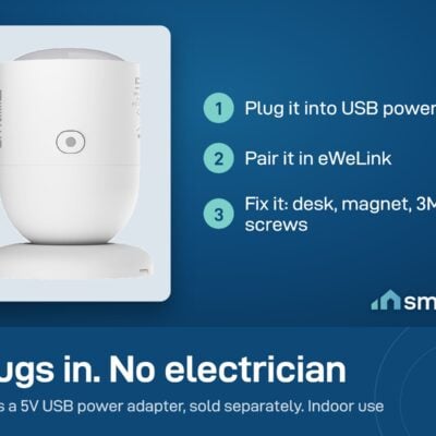 Sonoff SNZB-06P setup: plug into USB power, pair in eWeLink, place on a desk or fix with magnet, 3M adhesive or screws