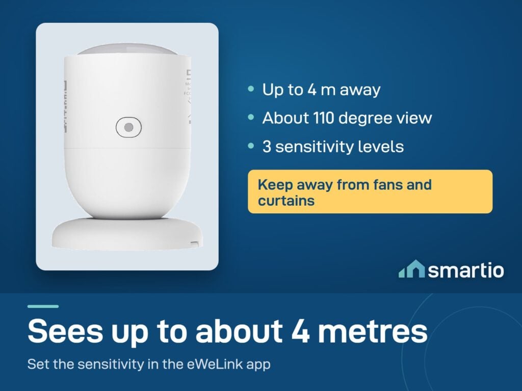 Sonoff SNZB-06P presence sensor detects up to 4 metres in a 110 degree view, with 3 sensitivity levels. Needs a Zigbee hub