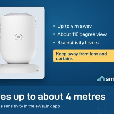 Sonoff SNZB-06P presence sensor detects up to 4 metres in a 110 degree view, with 3 sensitivity levels. Needs a Zigbee hub