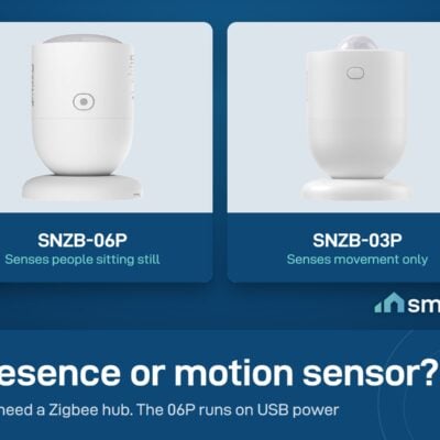 Sonoff SNZB-06P presence sensor, which detects people sitting still, next to the SNZB-03P, which senses movement only