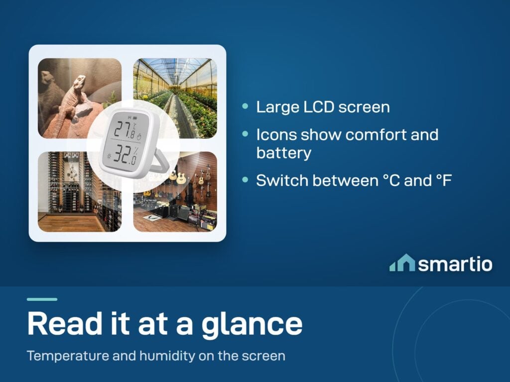 Sonoff SNZB-02D LCD sensor shown over four places: a reptile tank, a greenhouse, a wine cellar and a music room