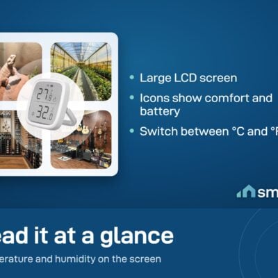 Sonoff SNZB-02D LCD sensor shown over four places: a reptile tank, a greenhouse, a wine cellar and a music room