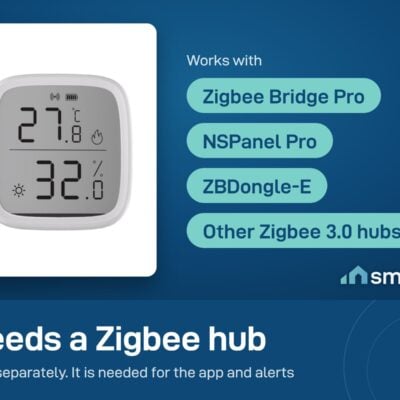 Sonoff SNZB-02D needs a Zigbee 3.0 hub, sold separately, for the app and alerts: Bridge Pro, NSPanel Pro or ZBDongle-E