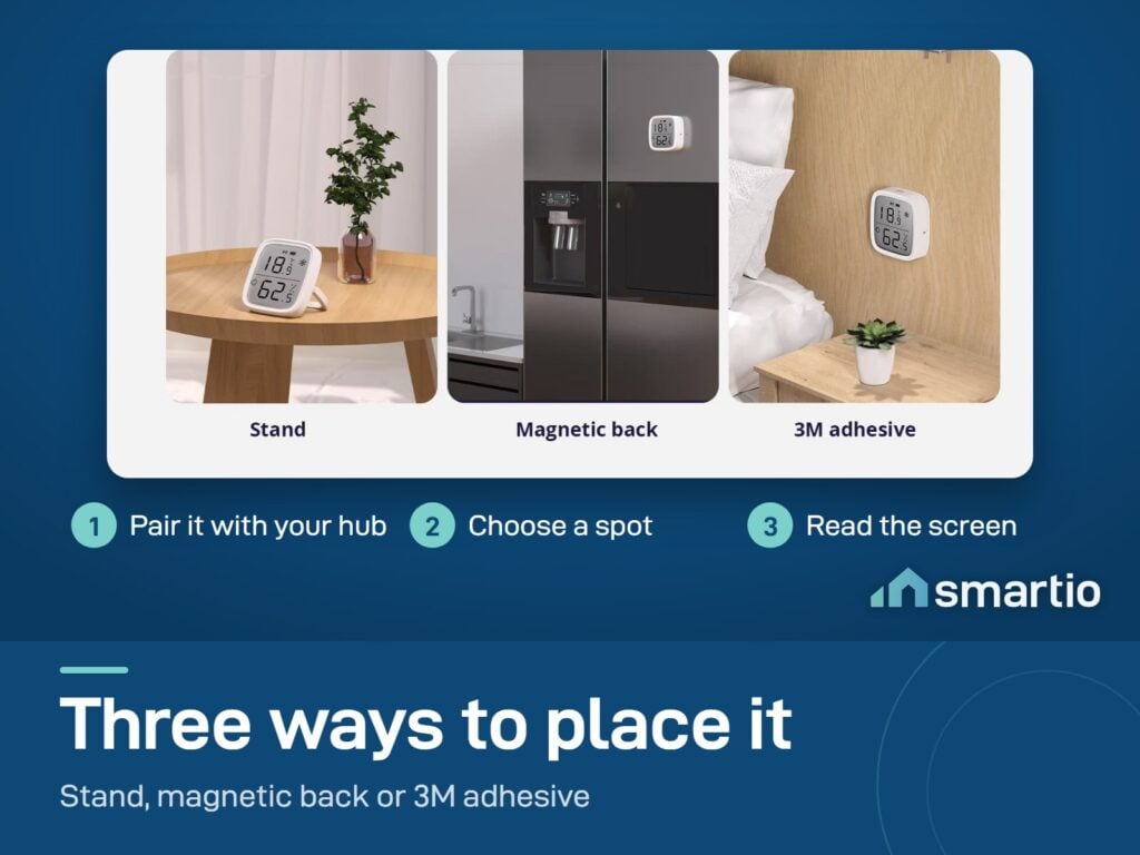 Sonoff SNZB-02D placed three ways: on its stand on a table, on a fridge with the magnetic back, on a wall with 3M adhesive
