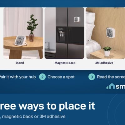 Sonoff SNZB-02D placed three ways: on its stand on a table, on a fridge with the magnetic back, on a wall with 3M adhesive