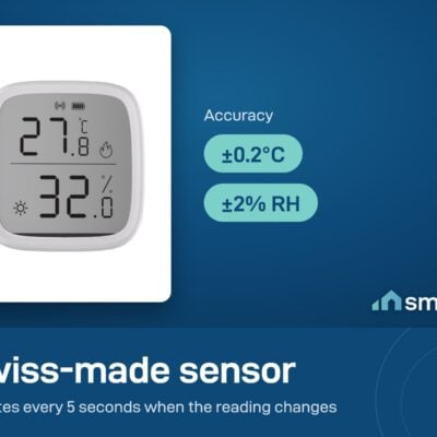 Sonoff SNZB-02D Swiss-made sensor with accuracy of plus or minus 0.2 degrees Celsius and 2 percent humidity