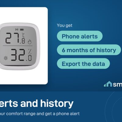 Sonoff SNZB-02D sends phone alerts outside your set range and keeps 6 months of history you can export