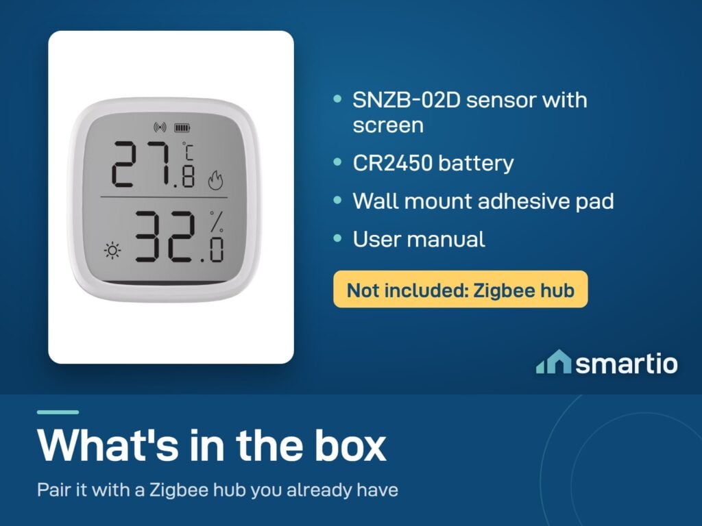What's in the Sonoff SNZB-02D box: sensor with LCD, CR2450 battery, adhesive pad and manual. Zigbee hub not included