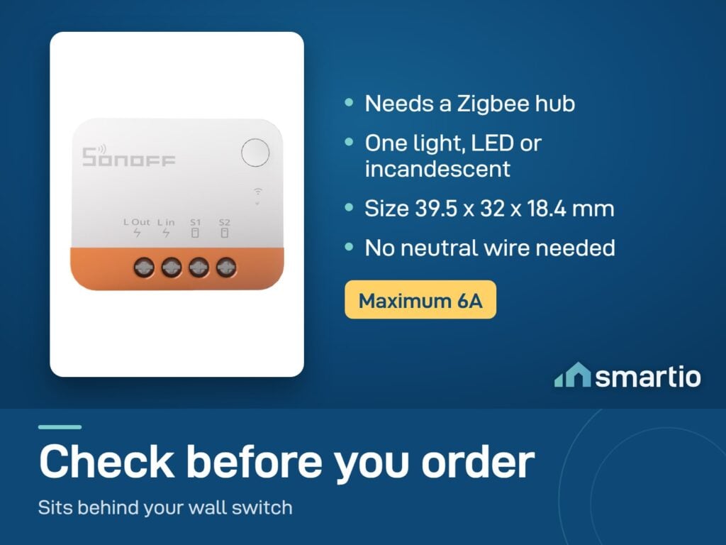Sonoff ZBMINIL2 Zigbee module: one load up to 6A, LED or incandescent, no neutral wire, Zigbee hub needed