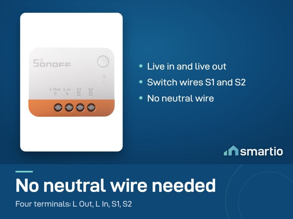 Sonoff ZBMINIL2 module with four terminals: L Out, L In, S1 and S2, no neutral wire needed