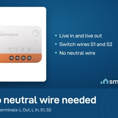 Sonoff ZBMINIL2 module with four terminals: L Out, L In, S1 and S2, no neutral wire needed