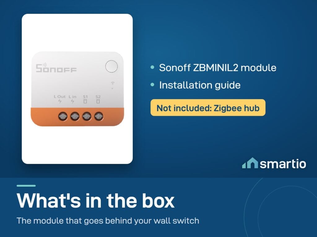 What's in the Sonoff ZBMINIL2 box: the module and an installation guide. The Zigbee hub is not included