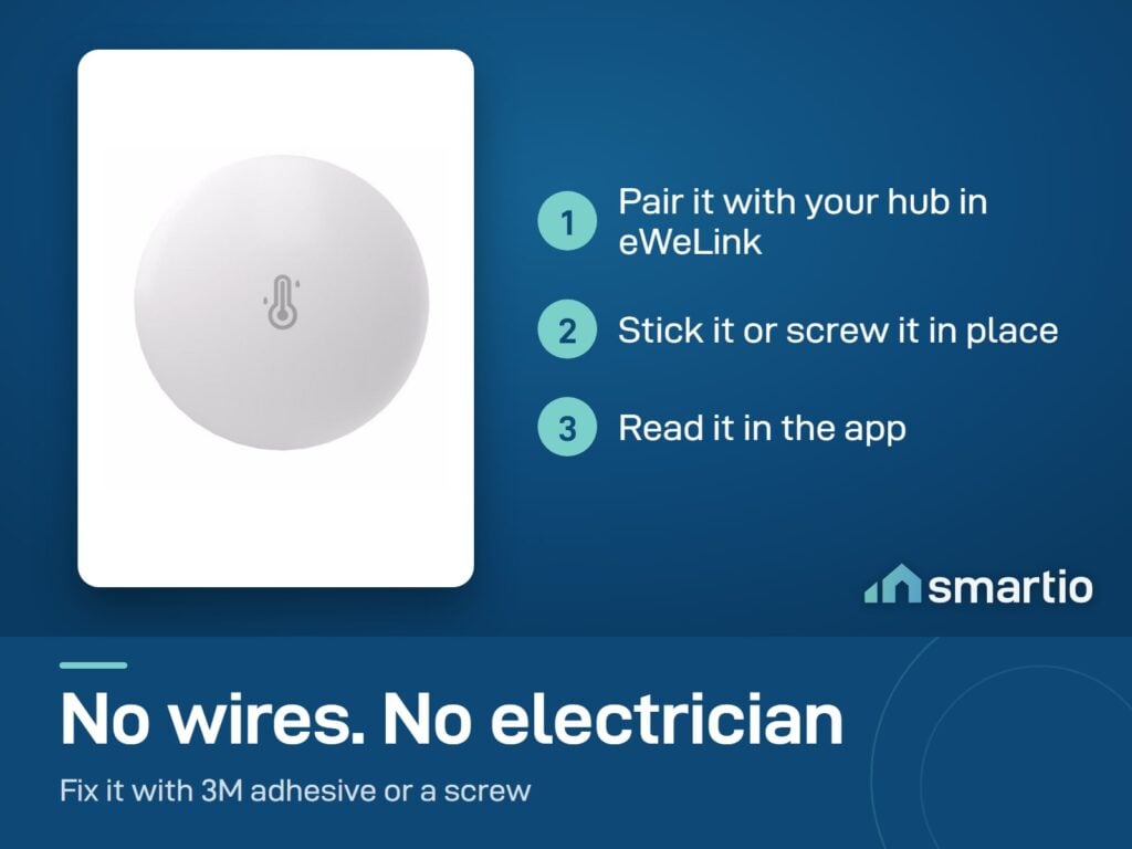 Sonoff SNZB-02P setup: pair with your Zigbee hub in eWeLink, stick or screw it in place, read it in the app