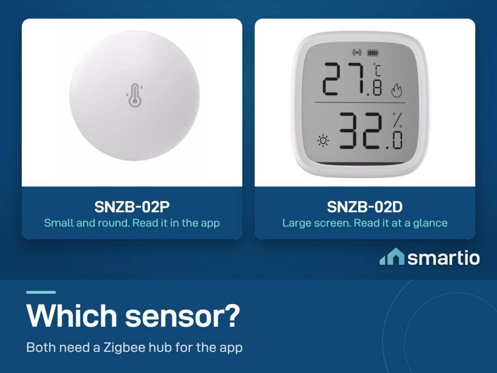 Sonoff SNZB-02P round sensor without a screen and SNZB-02D sensor with a large LCD screen. Both need a Zigbee hub