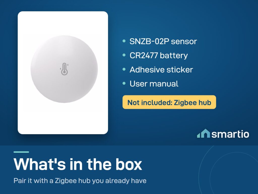 What's in the Sonoff SNZB-02P box: sensor, CR2477 battery, adhesive sticker and manual. Zigbee hub not included