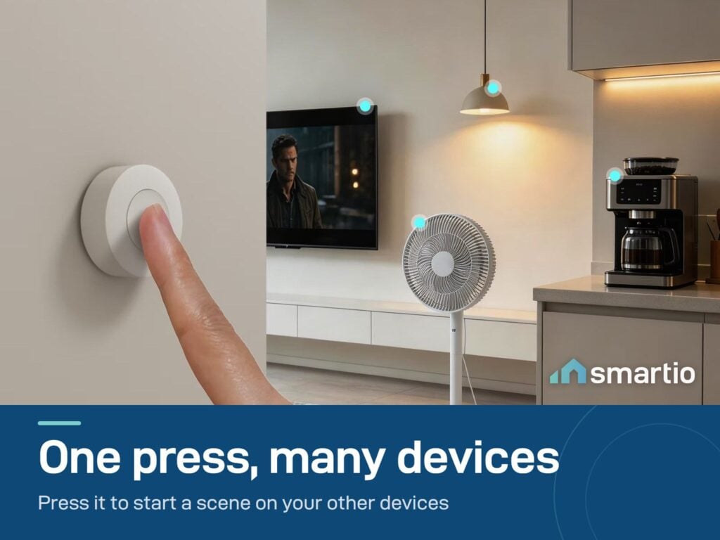 Finger pressing a Sonoff SNZB-01P wireless button on a wall, in a room with a fan and a coffee machine. Needs a Zigbee hub