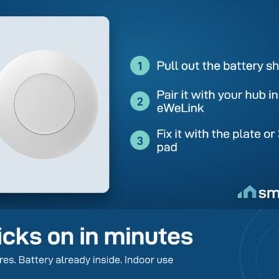 Sonoff SNZB-01P setup: pull out the battery sheet, pair with your Zigbee hub in eWeLink, fix it with the plate or 3M pad
