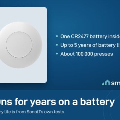 Sonoff SNZB-01P wireless button runs on one CR2477 battery for up to 5 years, based on Sonoff's own tests