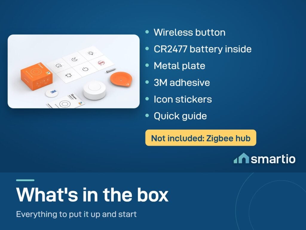 What's in the Sonoff SNZB-01P box: button with battery, metal plate, 3M adhesive, icon stickers, guide. No Zigbee hub