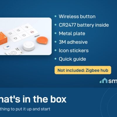 What's in the Sonoff SNZB-01P box: button with battery, metal plate, 3M adhesive, icon stickers, guide. No Zigbee hub