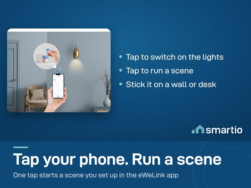 Phone tapping a Sonoff NFC tag stuck on a wall to switch on a lamp