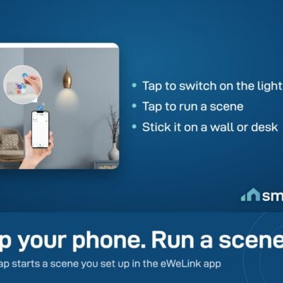 Phone tapping a Sonoff NFC tag stuck on a wall to switch on a lamp
