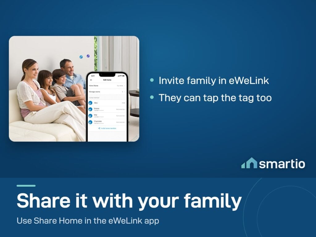 Family on a sofa; the eWeLink app on a phone shows how to invite a home member to share a Sonoff NFC scene