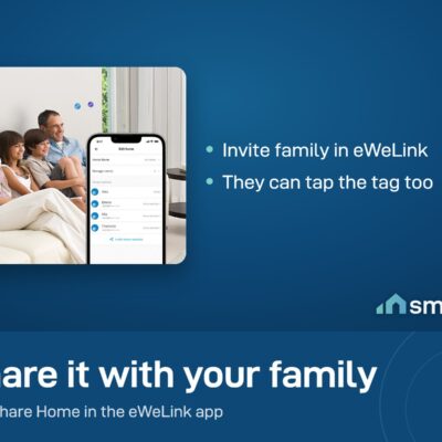 Family on a sofa; the eWeLink app on a phone shows how to invite a home member to share a Sonoff NFC scene