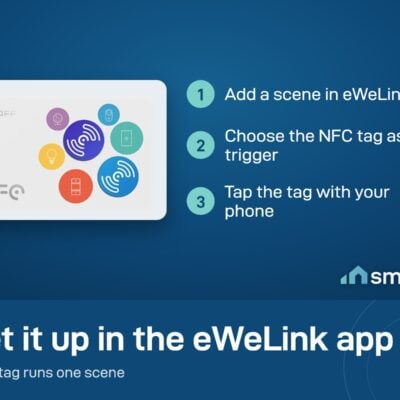 Sonoff NFC tag setup: add a scene in eWeLink, choose the NFC tag as the trigger, tap the tag with your phone