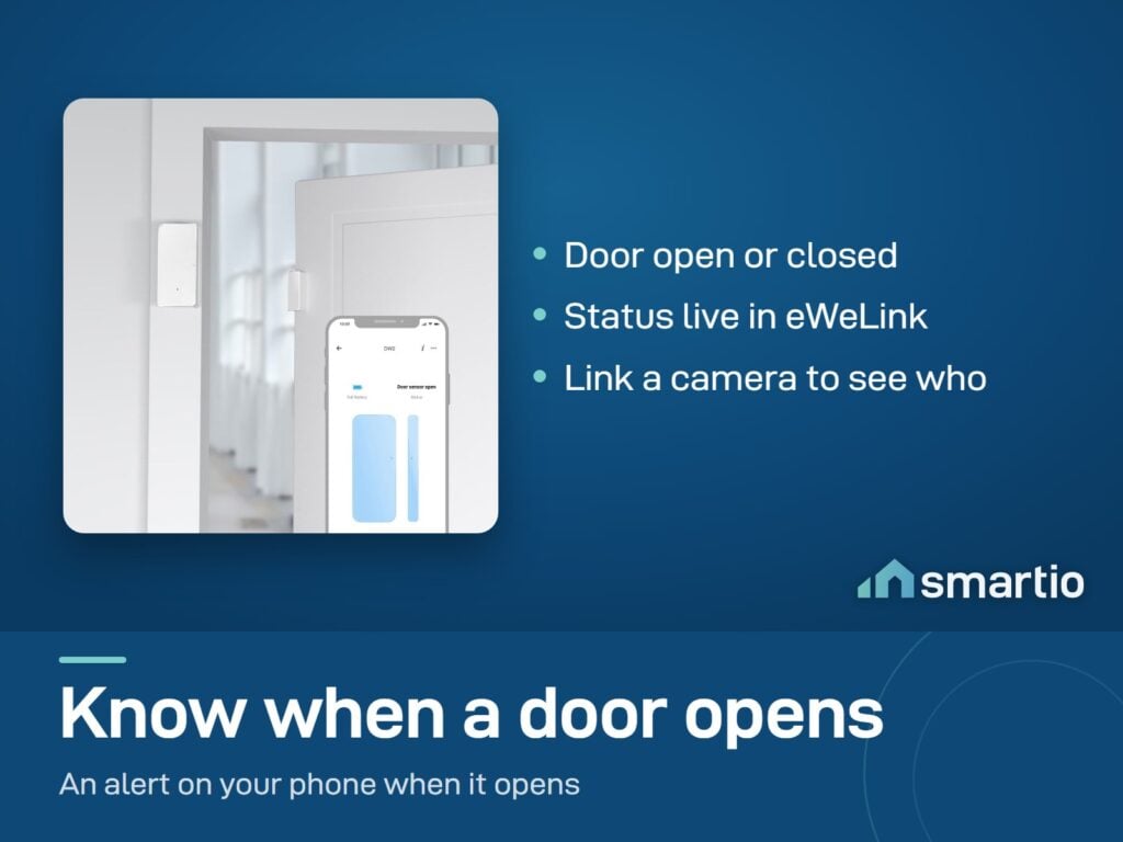 Sonoff DW2 door sensor on a door frame with the eWeLink app on a phone showing the door status