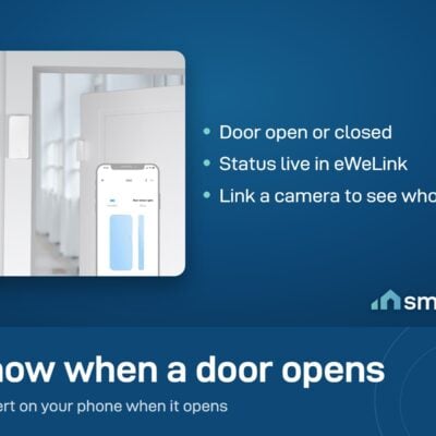 Sonoff DW2 door sensor on a door frame with the eWeLink app on a phone showing the door status