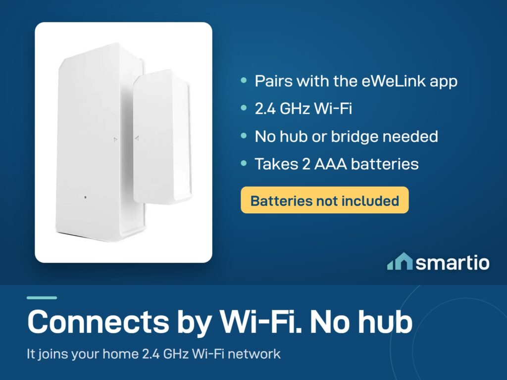 Sonoff DW2 door and window sensor connects by 2.4 GHz Wi-Fi, no hub needed, takes 2 AAA batteries, not included