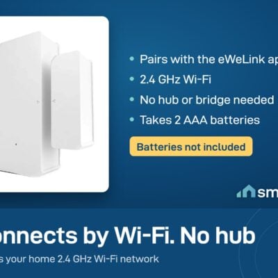 Sonoff DW2 door and window sensor connects by 2.4 GHz Wi-Fi, no hub needed, takes 2 AAA batteries, not included