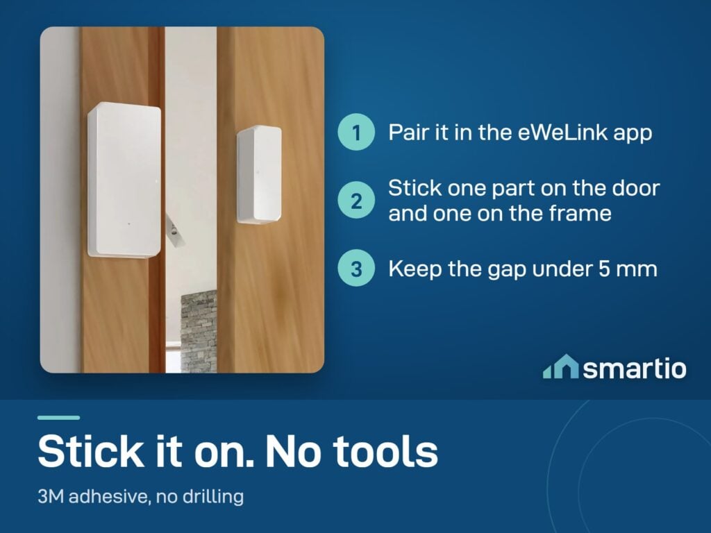 Sonoff DW2 door sensor stuck on a wooden door and frame with adhesive