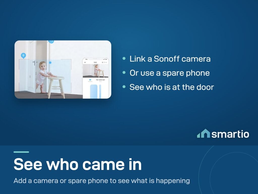 Sonoff DW2 door sensor linked to a camera in the eWeLink app, showing a child standing at a door