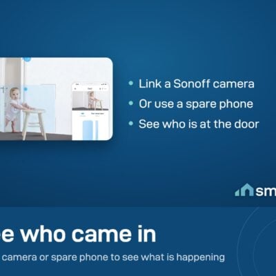 Sonoff DW2 door sensor linked to a camera in the eWeLink app, showing a child standing at a door