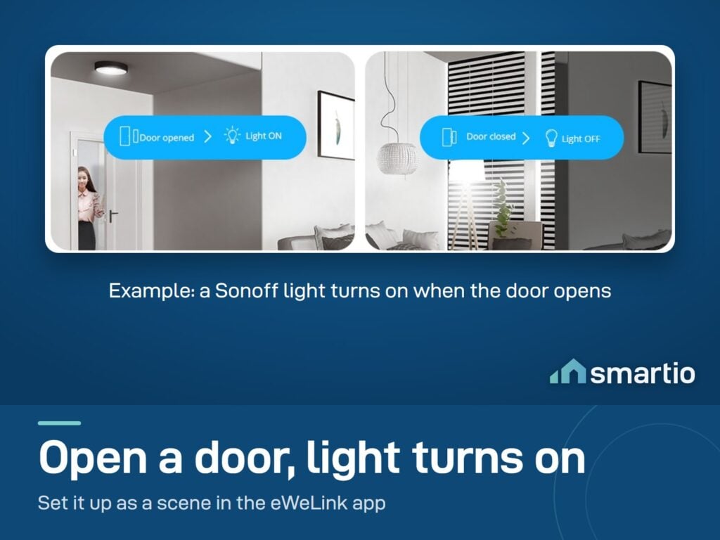 Sonoff DW2 scene in the eWeLink app: door opened turns a light on, door closed turns it off