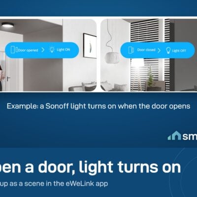 Sonoff DW2 scene in the eWeLink app: door opened turns a light on, door closed turns it off