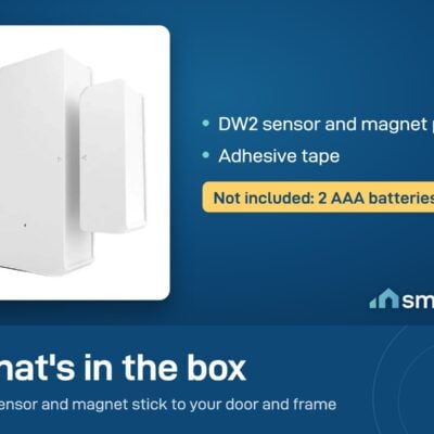What's in the Sonoff DW2 door sensor box: sensor with magnet part and adhesive tape. 2 AAA batteries not included