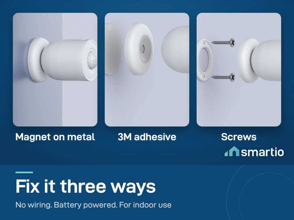 Sonoff SNZB-03P motion sensor mounted three ways: magnet on metal, 3M adhesive, or screws. Needs a Zigbee hub