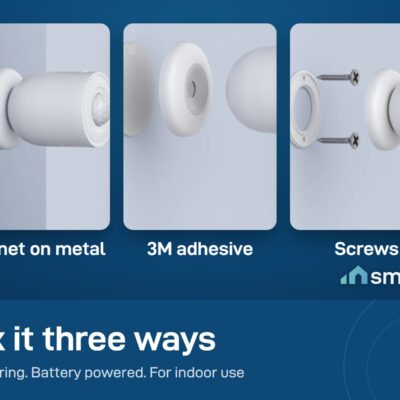 Sonoff SNZB-03P motion sensor mounted three ways: magnet on metal, 3M adhesive, or screws. Needs a Zigbee hub