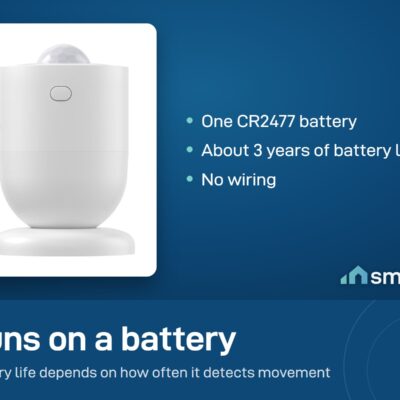 Sonoff SNZB-03P motion sensor runs on one CR2477 battery for about 3 years. Needs a Zigbee hub