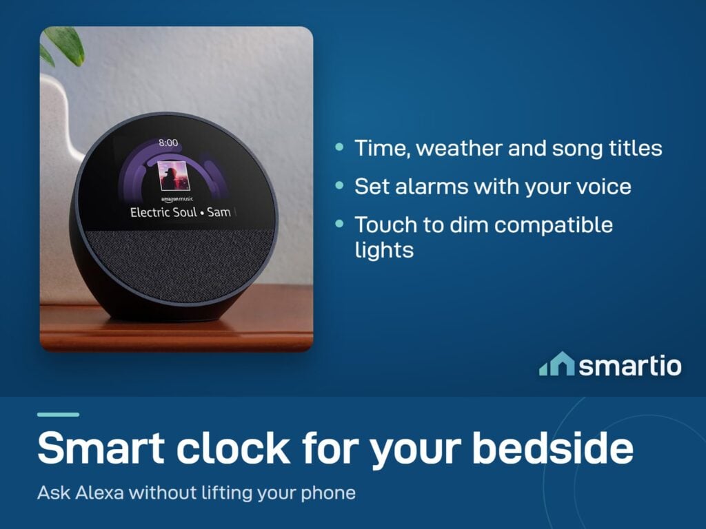 Amazon Echo Spot smart alarm clock on a shelf, its screen showing a song title